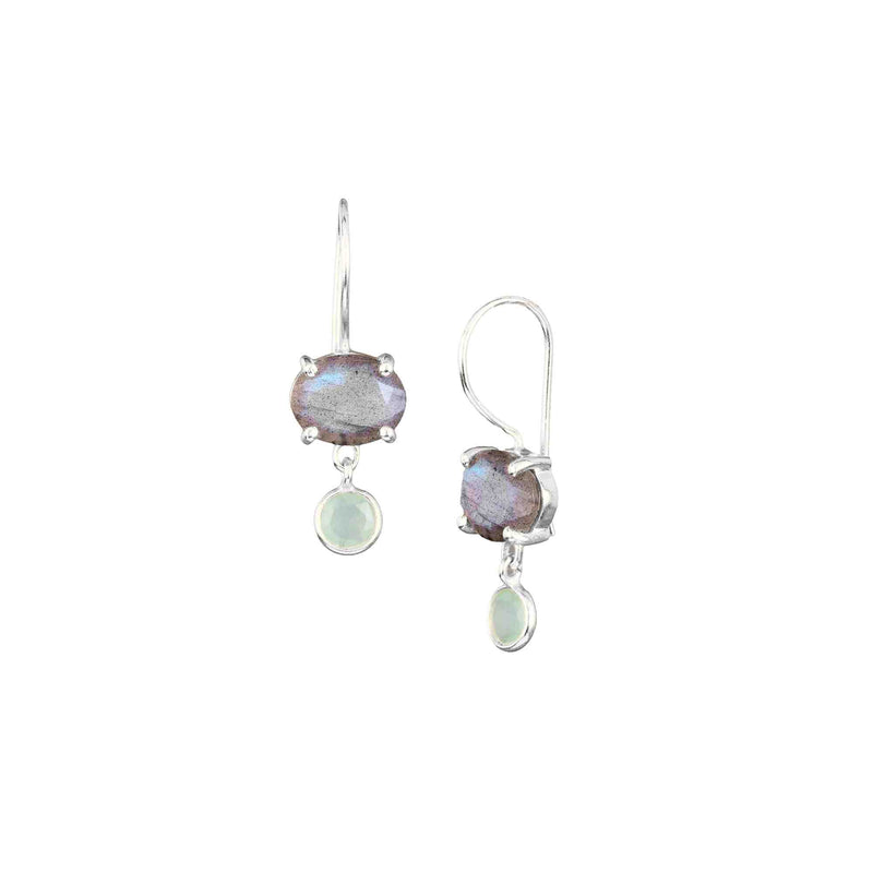 Dew Drops Labradorite & Aqua Chalcedony Stone Drop Earrings Silver