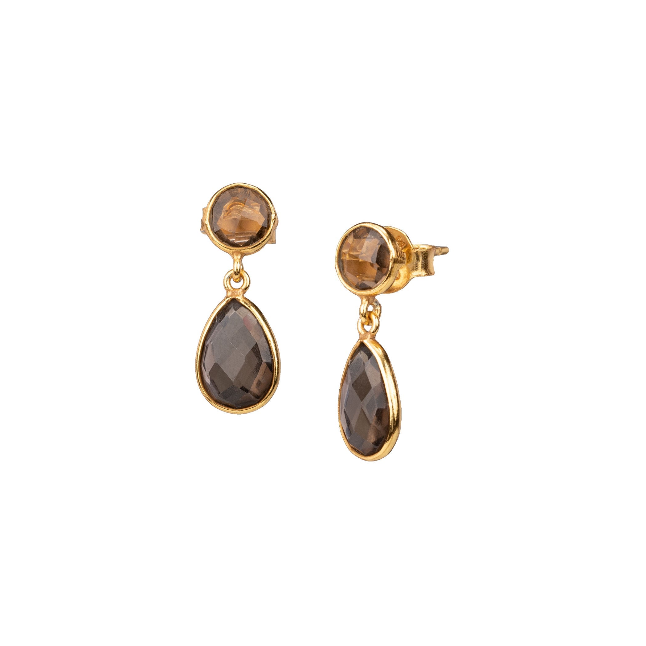 Dew Drops Smoky Quartz Stud & Teardrop Drop Earrings Gold