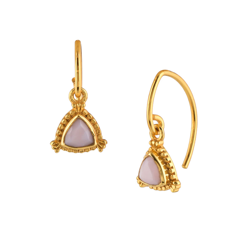 Delicate Vintage Pink Opal Trillion Stone Drop Earrings Gold