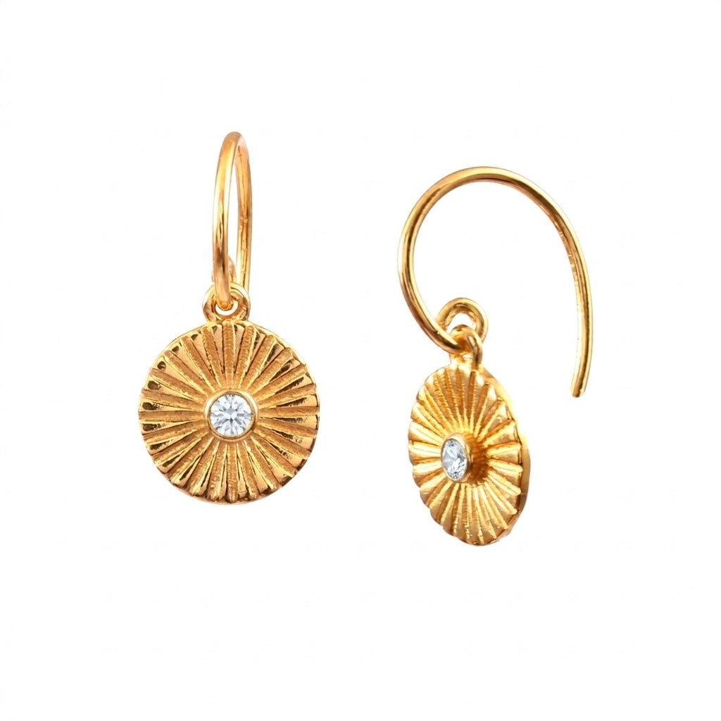 Delicate Vintage Fluted Medallion White Topaz Drop Earrings in 22k gold-plated recycled sterling silver showing a pair of sunburst-textured coin drops set with bezel-set clear white topaz gemstones on French wire hooks.