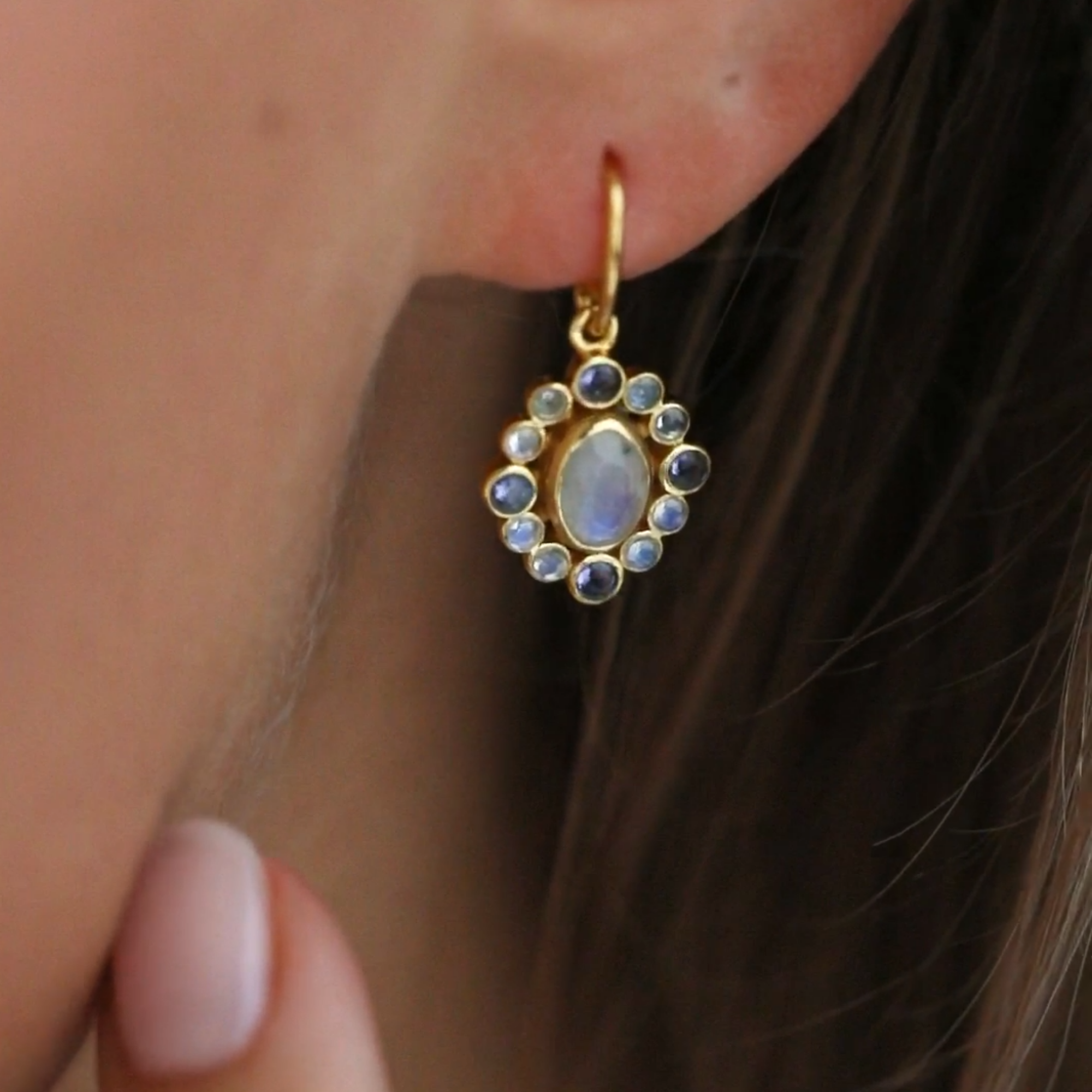 Delicate Vintage Halo Cluster Iolite & Garnet Drop Earrings Gold