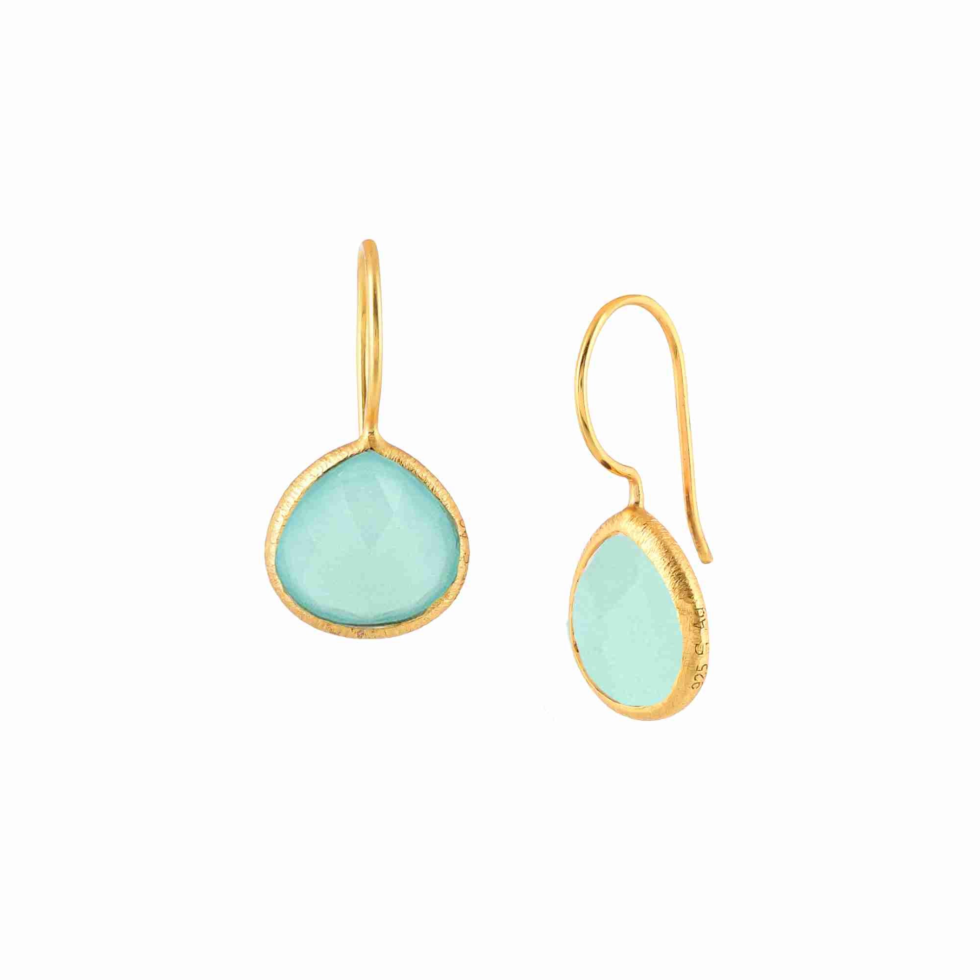 Dew Drops Aqua Chalcedony Textured Drop Earrings Gold