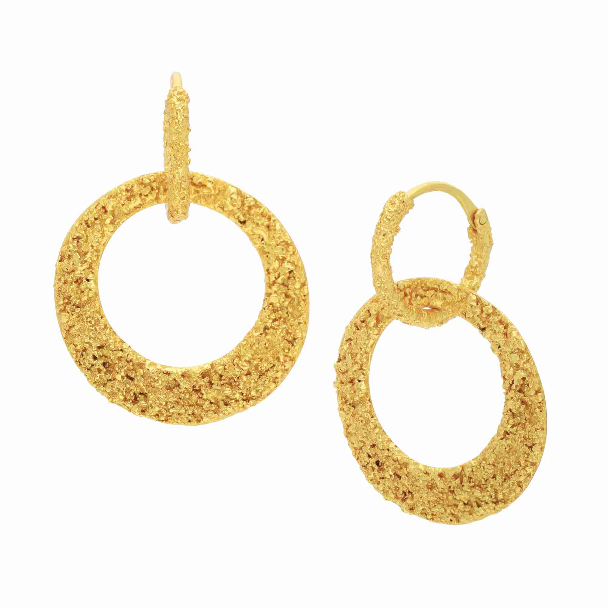 Ribbons & Lace Textured Hoops with Circle Drop Statement Earrings Gold