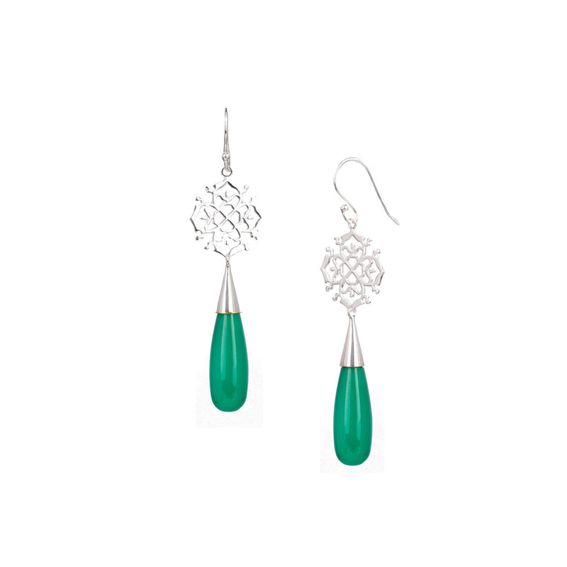 Dew Drops Filigree Long Green Onyx Drop Statement Earrings Silver