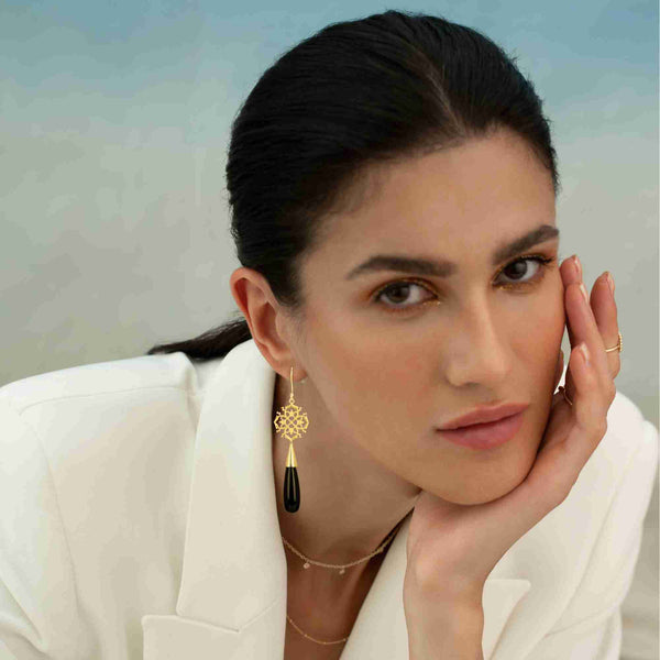 Dew Drops Filigree & Black Onyx Drop Statement Earrings Gold