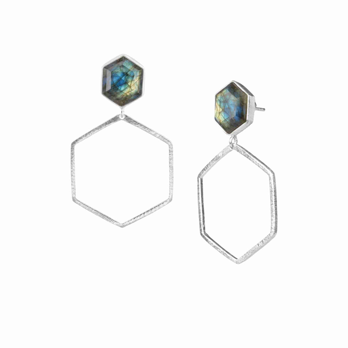 Handcrafted geometric drop earrings featuring an iridescent labradorite gemstone in textured recycled 925 silver by Protsaah Zurich