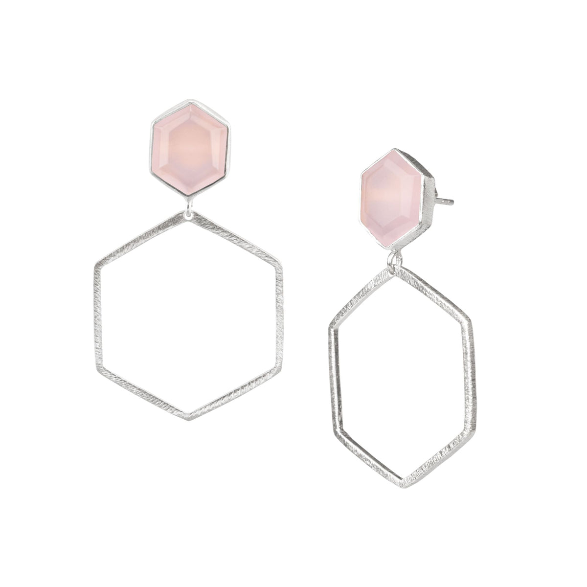 Hexagon-cut pink chalcedony stud above a large open silver hexagon frame on a white background