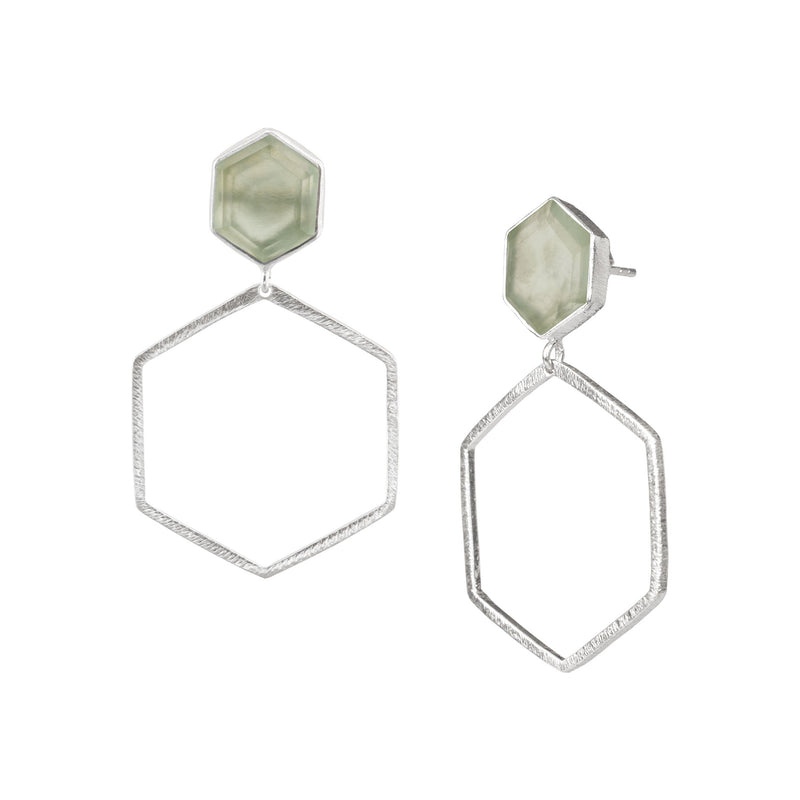 Geo Glam Hexagon Prehnite Statement Earrings Silver