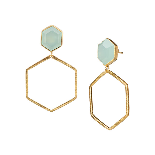 Geo Glam Hexagon Aqua Chalcedony Statement Earrings Gold