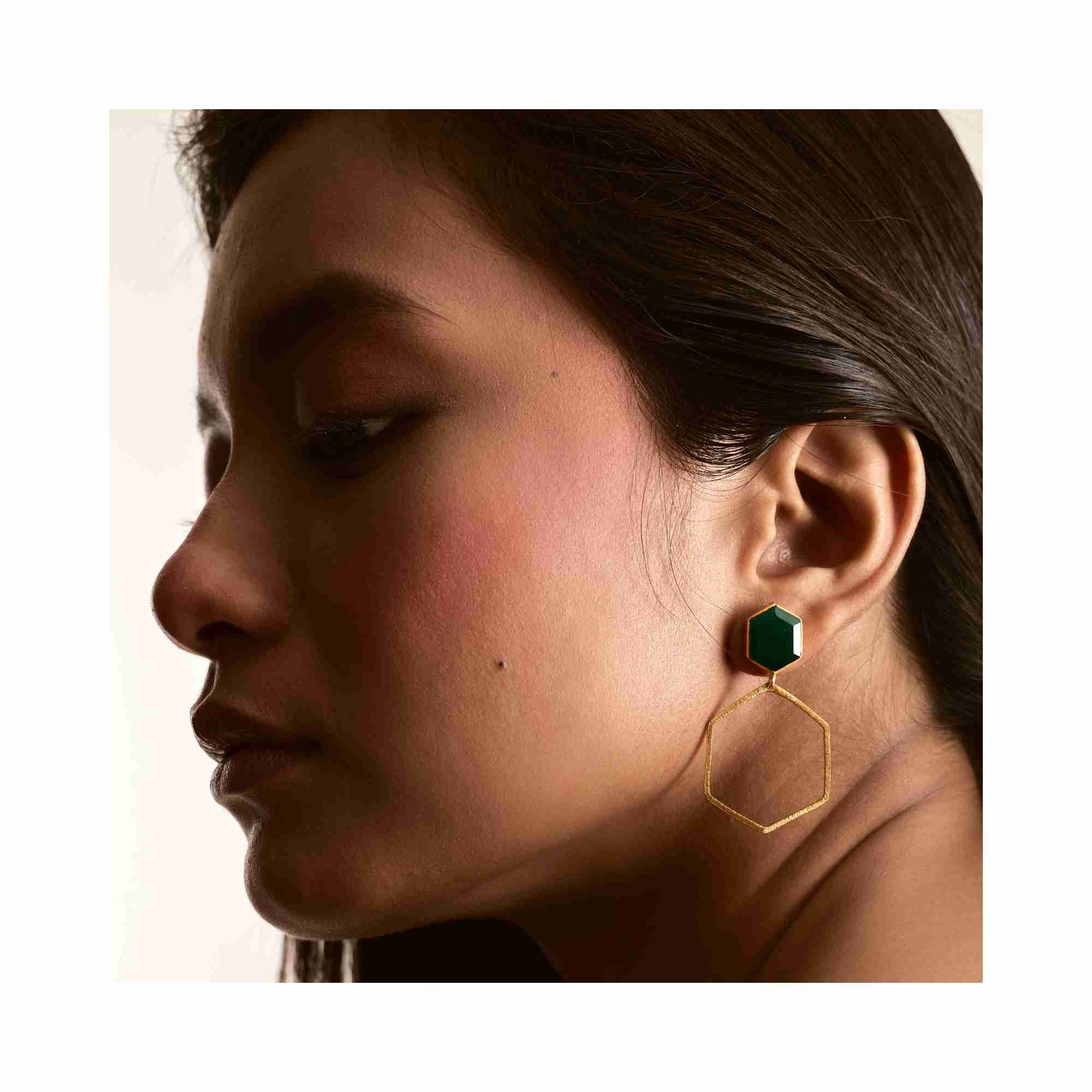 Geo Glam Hexagonal Green Onyx Statement Earrings Gold — faceted emerald-green gemstone in a large open hexagonal drop frame in 22K gold vermeil by Protsaah Zurich.