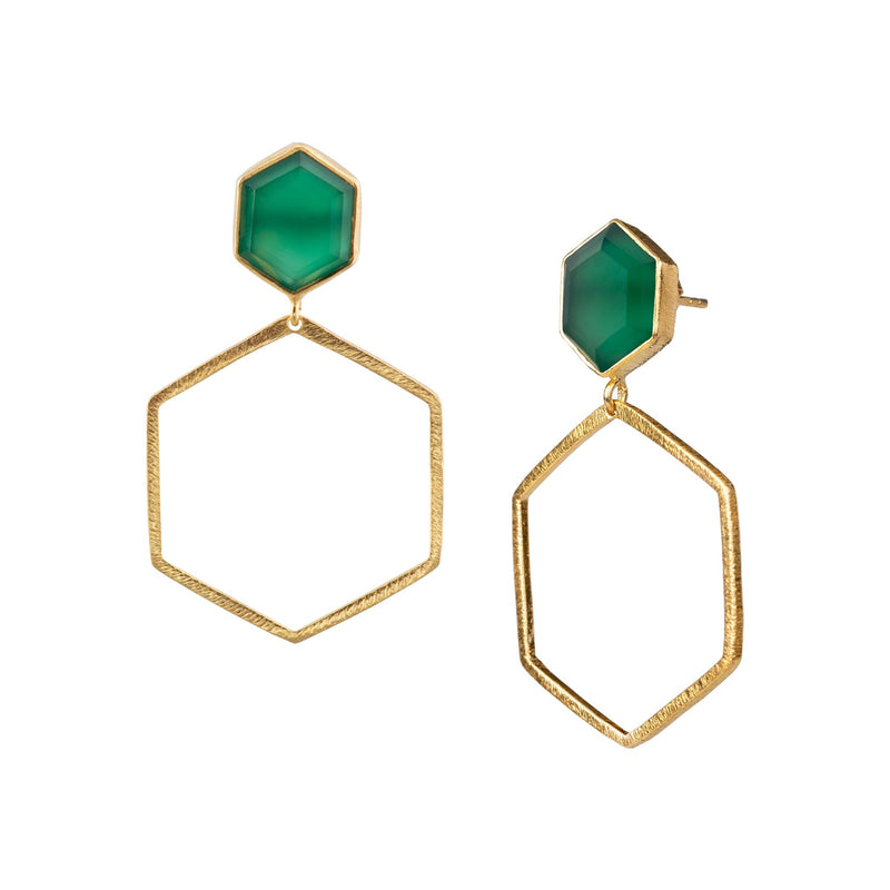 Geo Glam Hexagon Green Onyx Statement Earrings Gold