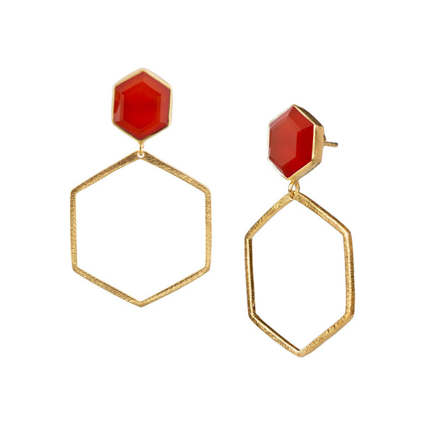 Geo Glam Hexagon Orange Carnelian Statement Earrings Gold