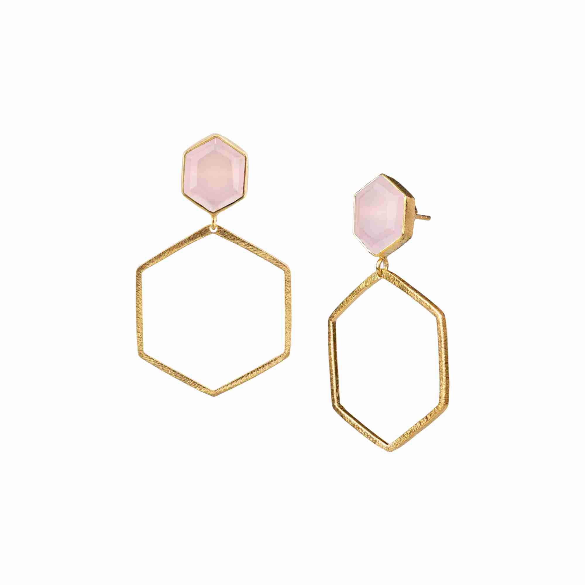 Handcrafted hexagonal open-frame drop earrings featuring a translucent pink chalcedony gemstone in 22K gold-plated recycled 925 silver by Protsaah Zurich