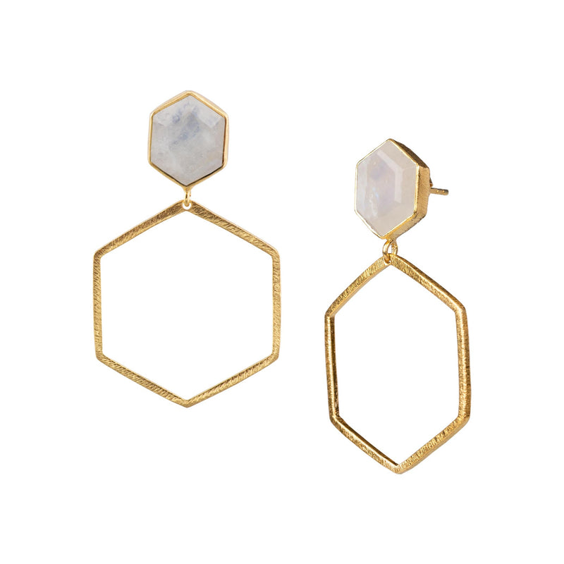 Geo Glam Hexagon Rainbow Moonstone Statement Earrings Gold