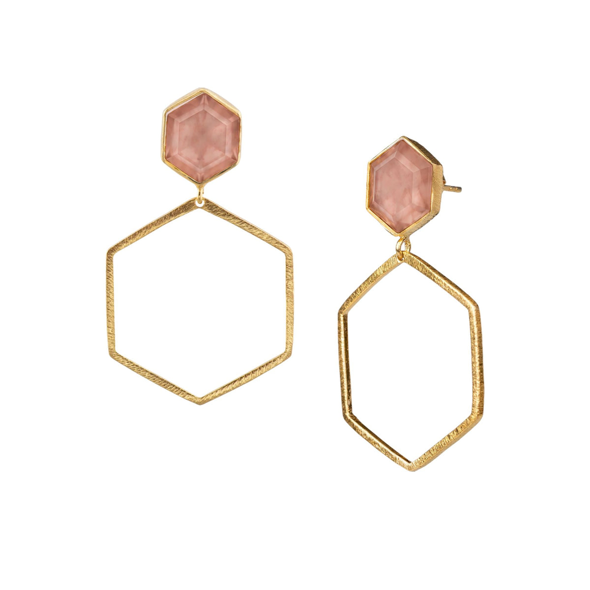 Stecker mit Rosenquarz im Hexagonschliff über grossem offenem Hexagonrahmen in Gold, weisser Hintergrund