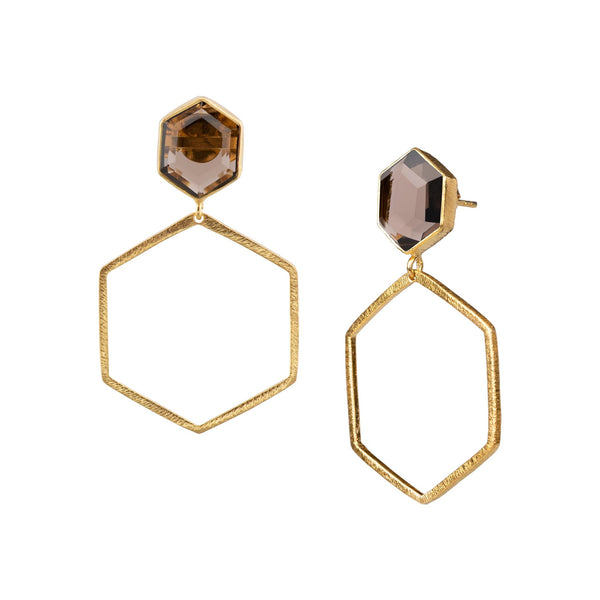 Geo Glam Hexagon Smoky Quartz Statement Earrings Gold