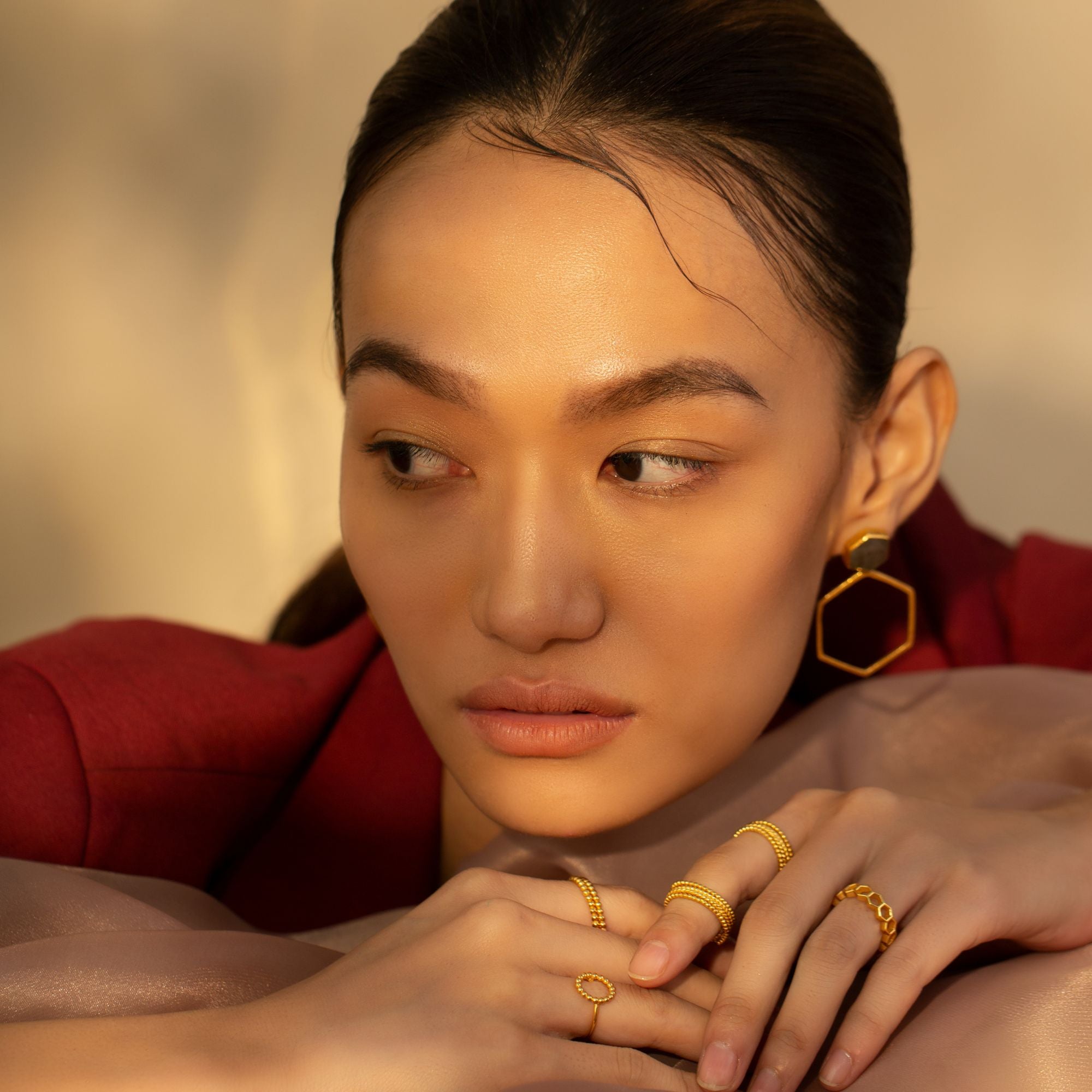 Geo Glam Hexagon Smoky Quartz Statement Earrings Gold