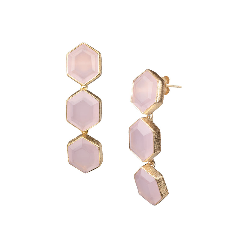 Geo Glam Pink Chalcedony Triple Hexagons Statement Earrings Gold