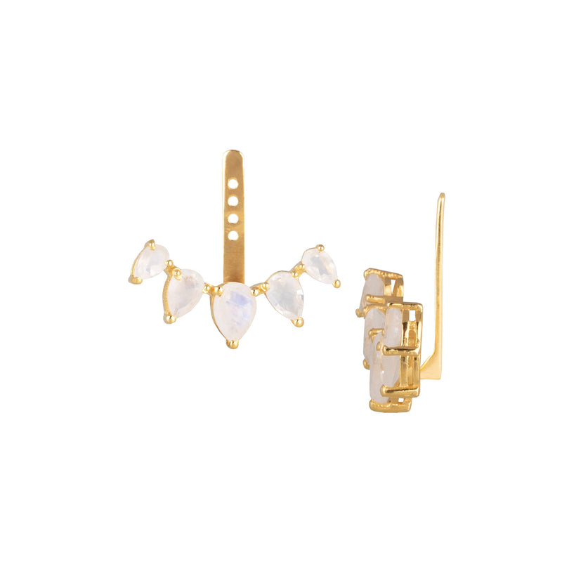 Dew Drops Rainbow Moonstone Five Stone Ear-Jacket Earrings Gold