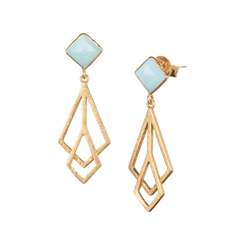 Geo Glam Aqua Chalcedony Prisms Statement Earrings Gold