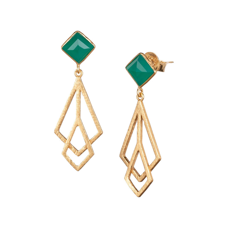 Geo Glam Green Onyx Prisms Statement Earrings Gold
