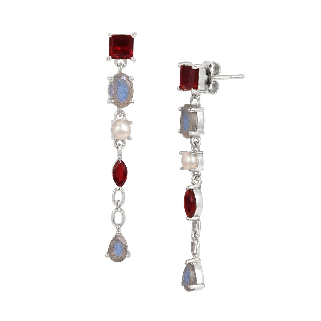 Kaleidoscope Garnet Labradorite Dangling Long Statement Earrings Silver