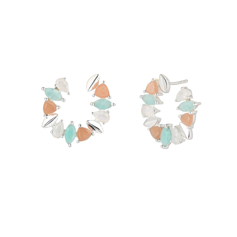 Kaleidoscope Peach Moonstone Amazonite and Rainbow Moonstone Circular Hoop Statement Earrings Silver