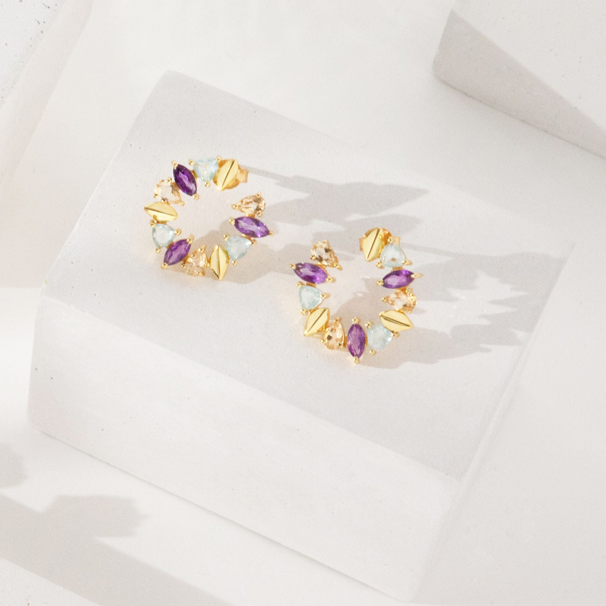 Kaleidoscope Blue Topaz Amethyst and Citrine Circular Hoop Statement Earrings Gold