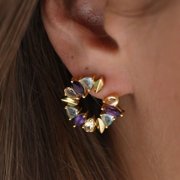 Kaleidoscope Garnet Iolite and Rainbow Moonstone Circular Hoop Statement Earrings Silver