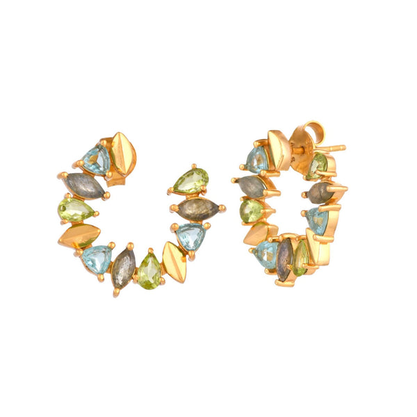 Kaleidoscope Blue Topaz Labradorite and Peridot Circular Hoop Statement Earrings Gold