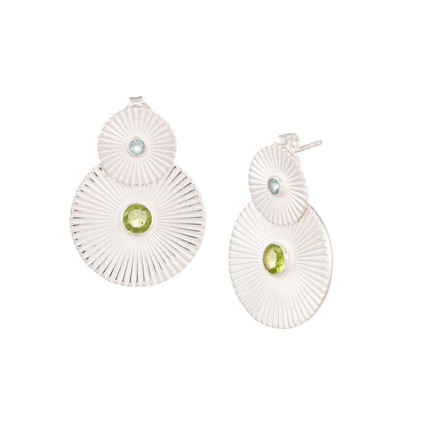 Delicate Vintage Peridot and Blue Topaz Fluted Medallion Coin Duo Statement Earrings Silver