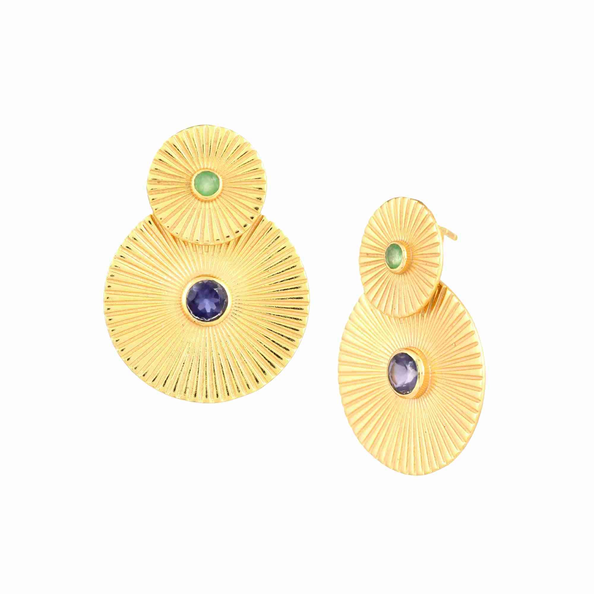 Zarte Vintage Iolith und Nephrit geriffelte Medaillon Münze Duo Statement Ohrringe Gold 