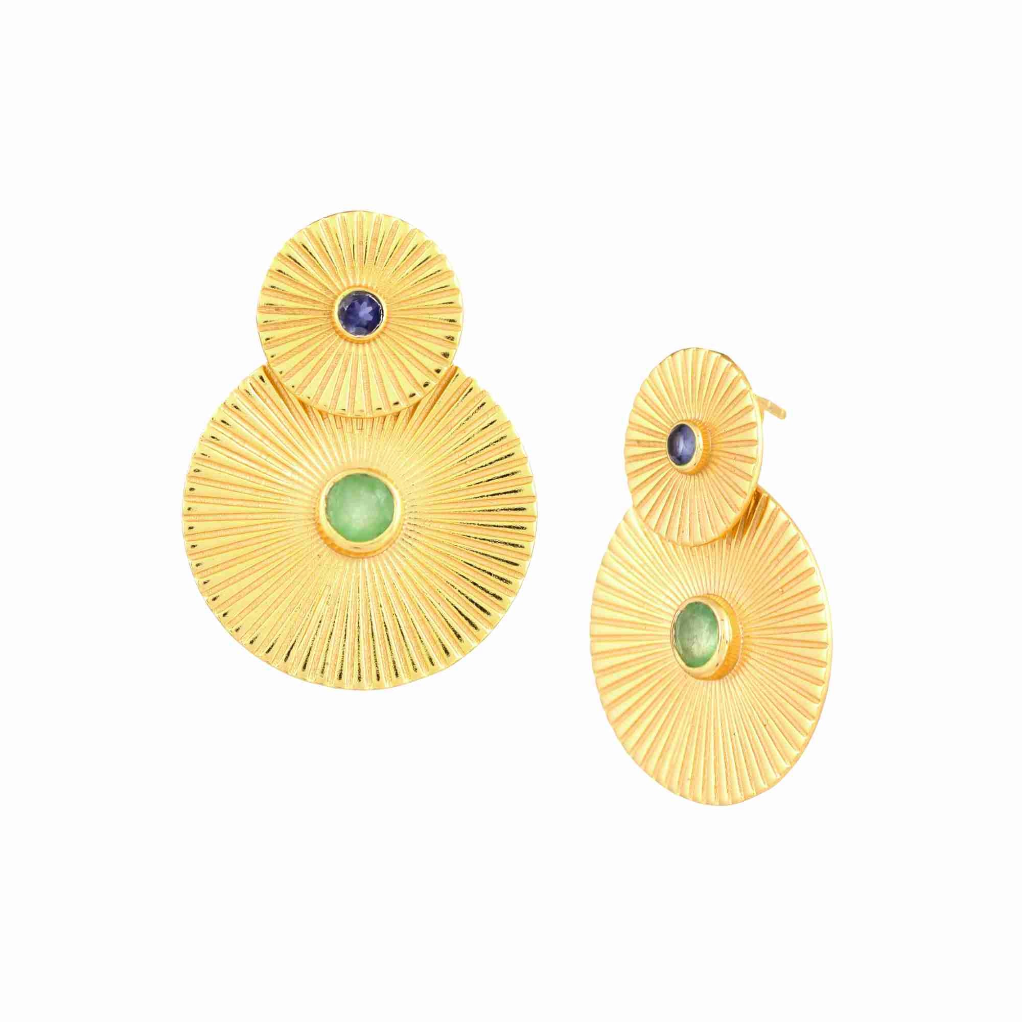 Zarte Vintage Iolith und Nephrit geriffelte Medaillon Münze Duo Statement Ohrringe Gold 