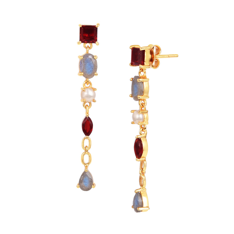 Kaleidoscope Garnet Labradorite Pearl Long Dangling Statement Earrings Gold