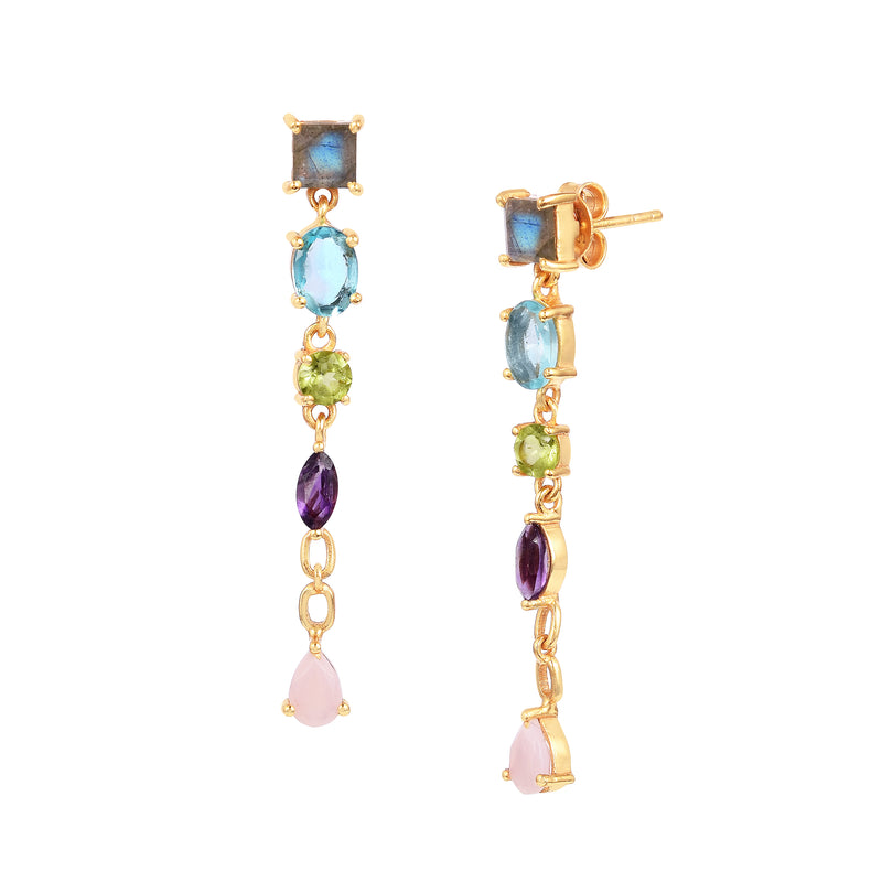 Kaleidoscope Garnet Labradorite Pearl Long Dangling Statement Earrings Gold