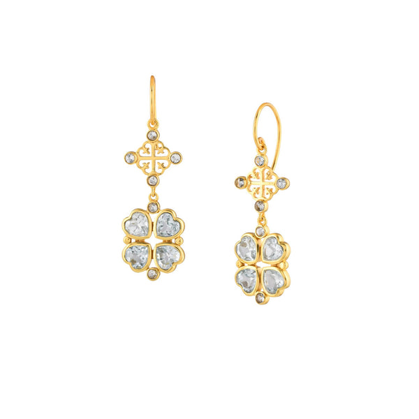 Queen of Hearts Blue Topaz Lucky Clover Statement Earrings Gold