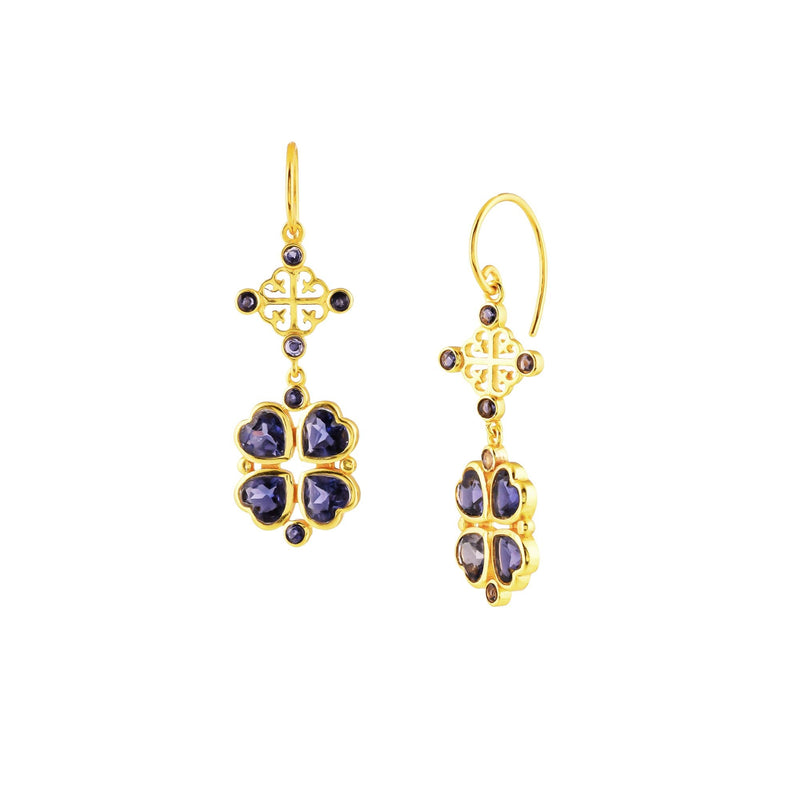 Queen of Hearts Iolite Lucky Clover Statement Earrings Gold
