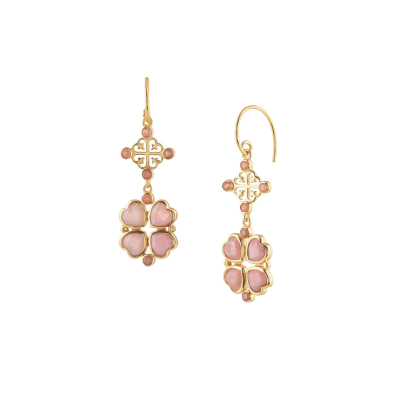 Queen of Hearts Pink Opal Lucky Clover Statement Earrings Gold