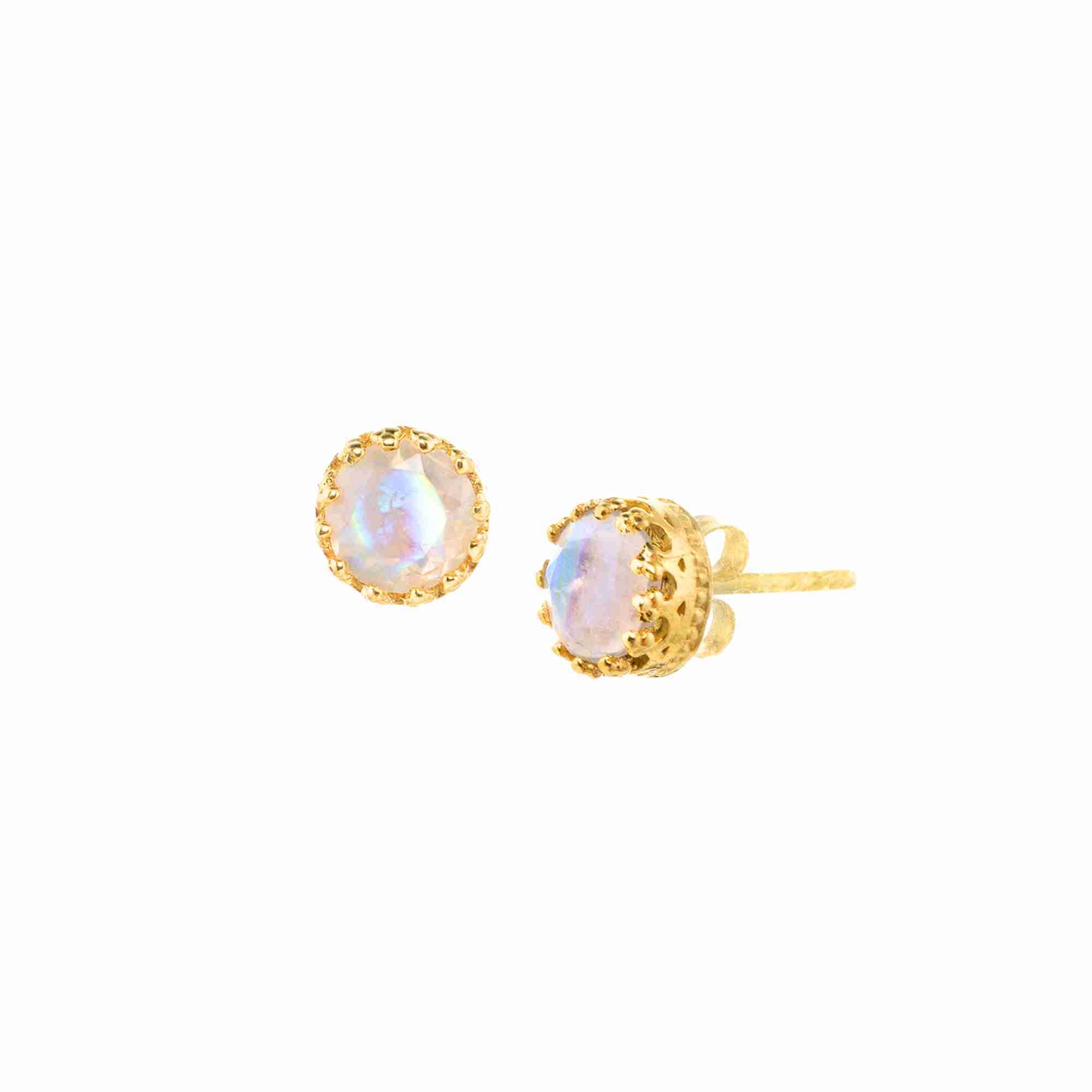 Dew Drops Rainbow Moonstone Crown Stud Earrings Gold