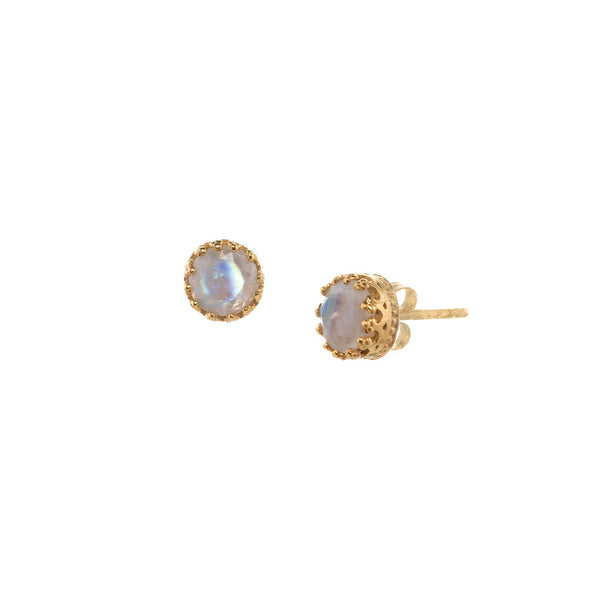 Dew Drops Rainbow Moonstone Crown Stud Earrings Gold