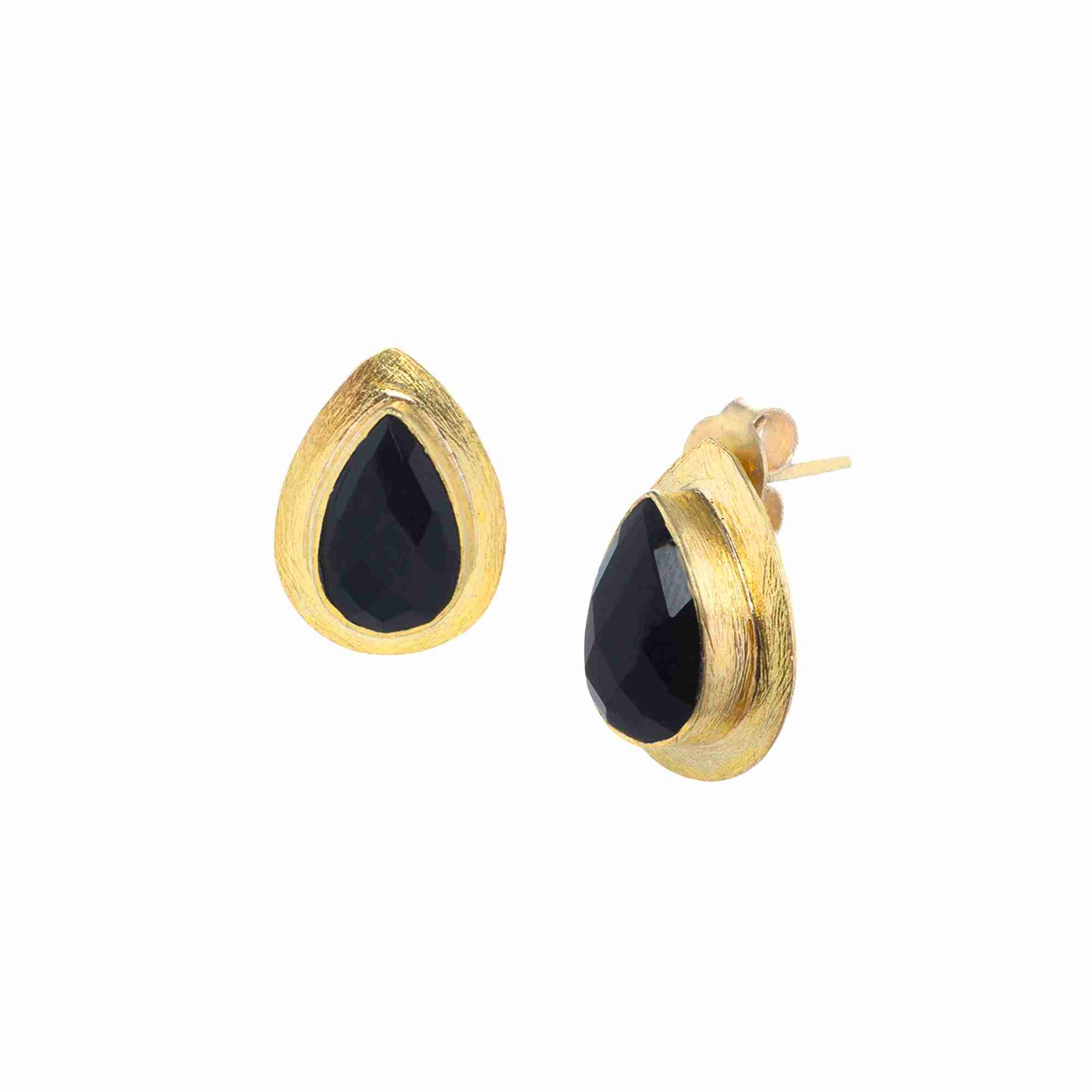 Dew Drops Large Teardrop Black Onyx Stud Earrings Gold