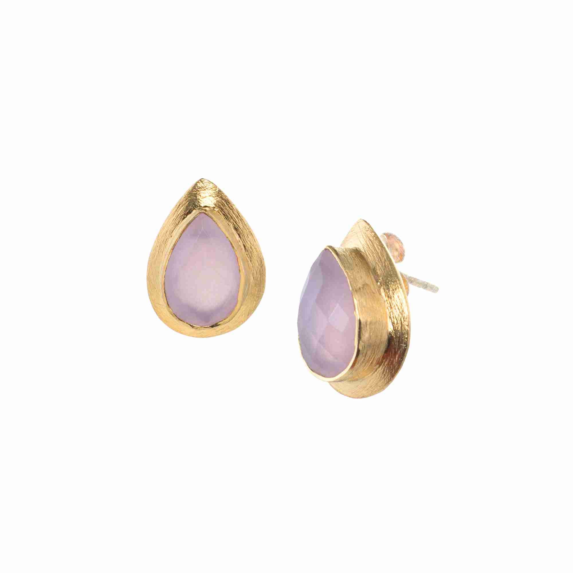 Dew Drops Large Teardrop Pink Chalcedony Stud Earrings Gold