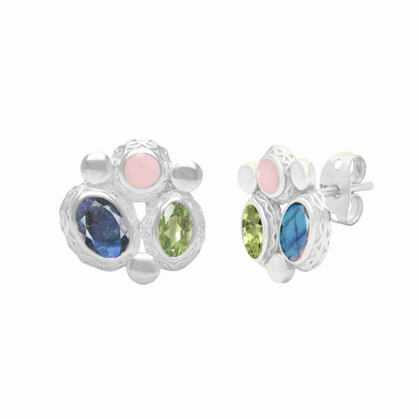 Kaleidoscope Multi-stone Labradorite Peridot Pink Opal Stud Earrings Silver