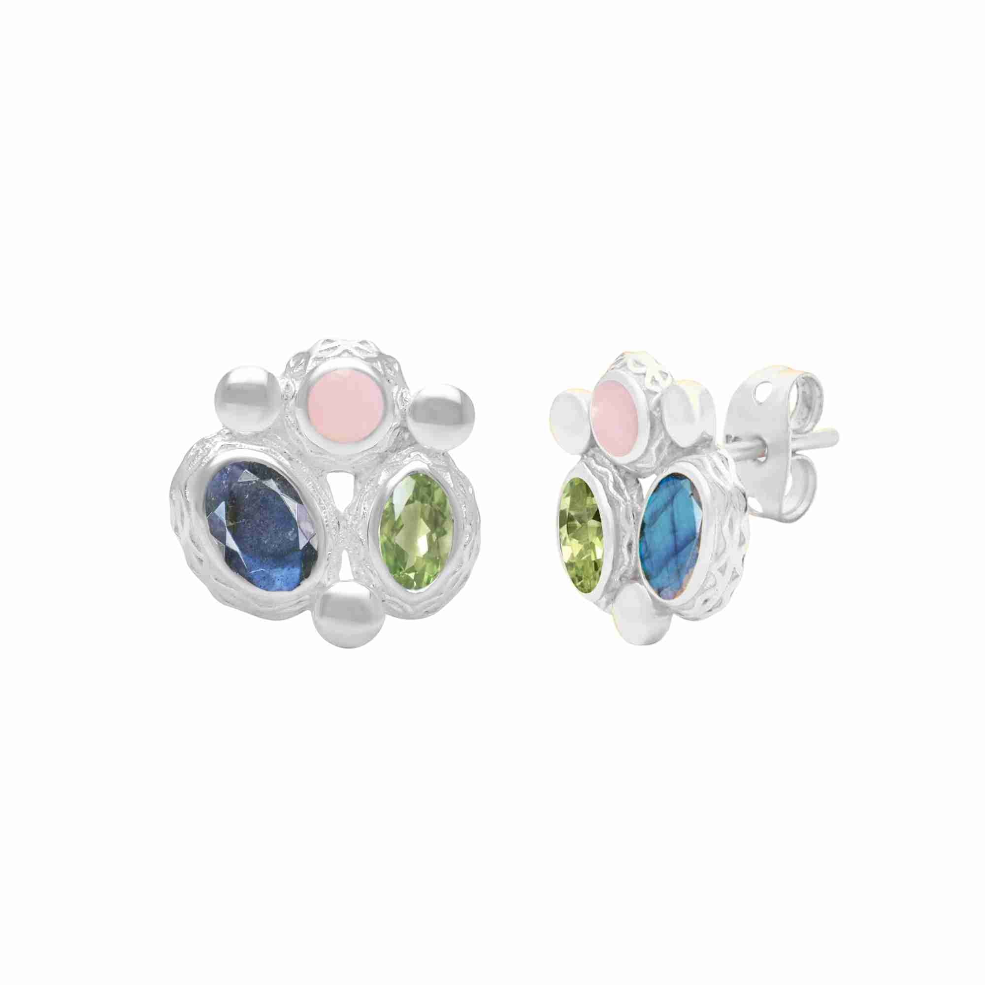 Kaleidoscope Multi-stone Labradorite Peridot Pink Opal Stud Earrings Silver
