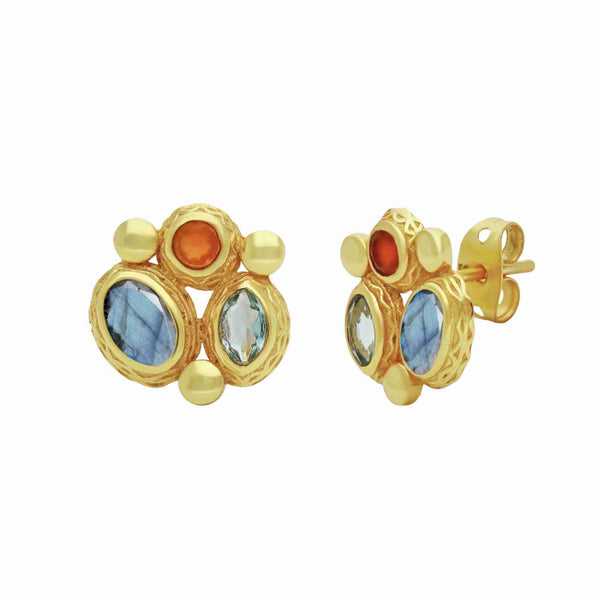 Kaleidoscope Multi-stone Labradorite Blue Topaz Orange Carnelian Stud Earrings Gold