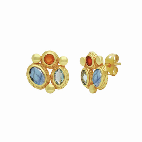 Kaleidoscope Multi-stone Labradorite Blue Topaz Orange Carnelian Stud Earrings Gold