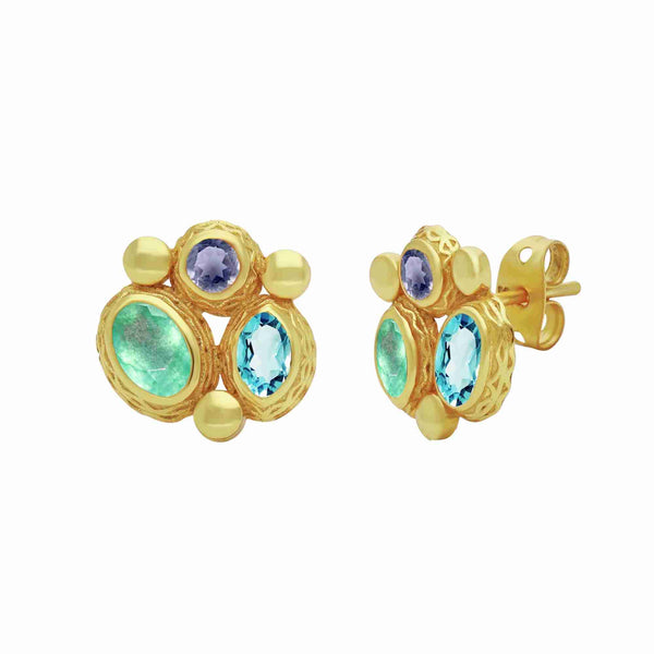 Kaleidoscope Multi-stone Nephrite Blue Topaz Iolite Stud Earrings Gold