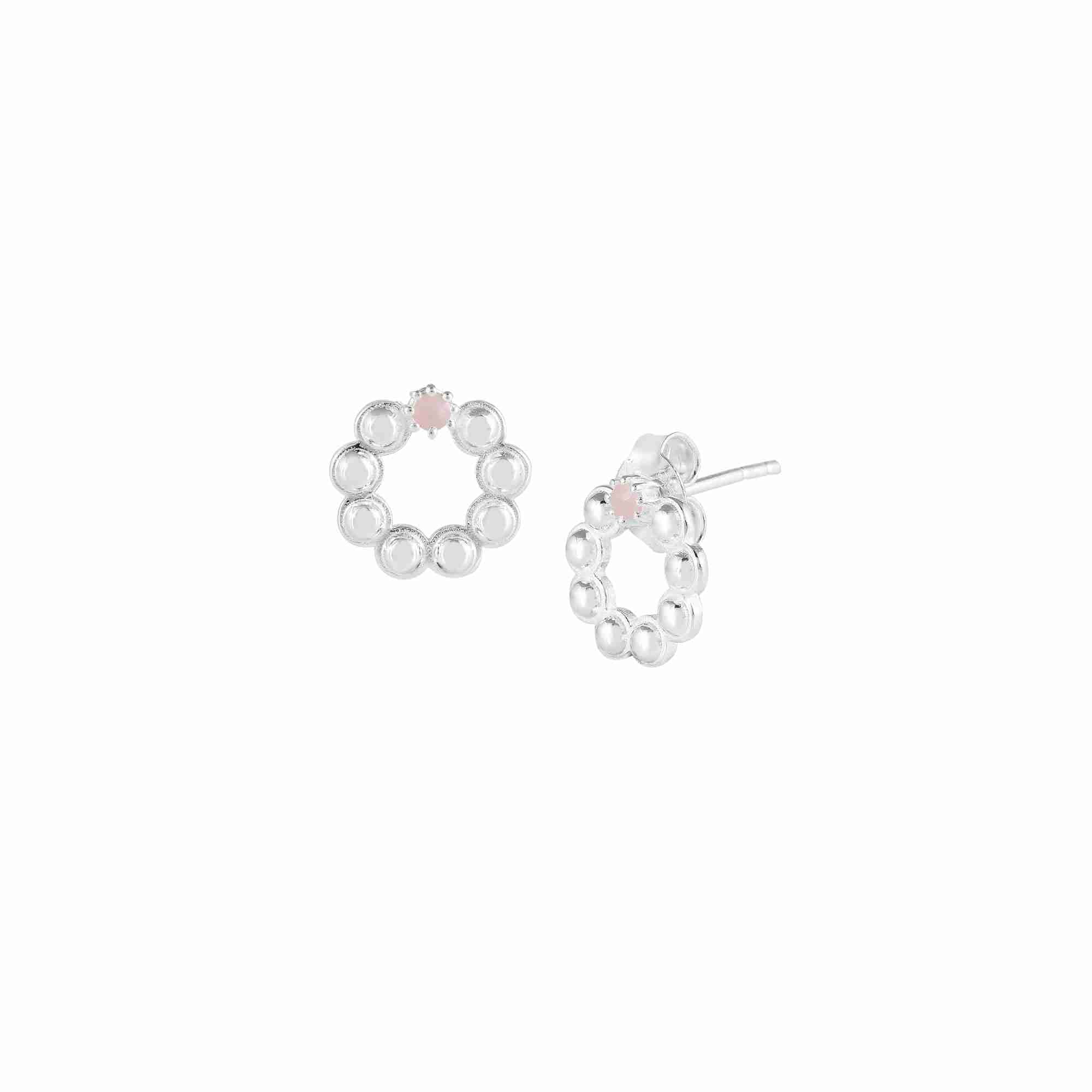 Delicate Vintage Dotted Circle Pink Opal Stud Earring Silver