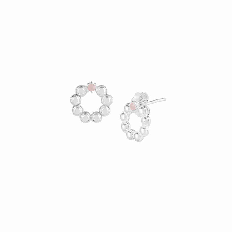 Delicate Vintage Dotted Circle Pink Opal Stud Earring Silver