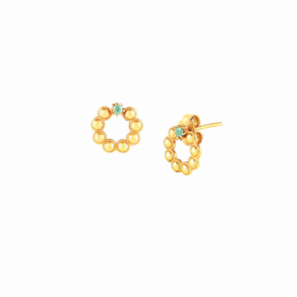Delicate Vintage Dotted Circle Aqua Chalcedony Stud Earring Gold